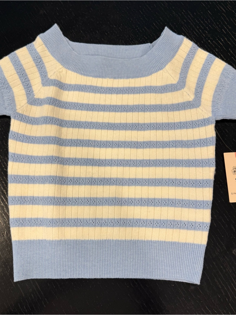 Sincerely Jules Short-Sleeve Striped Knit Sweater in Light Blue and Cream